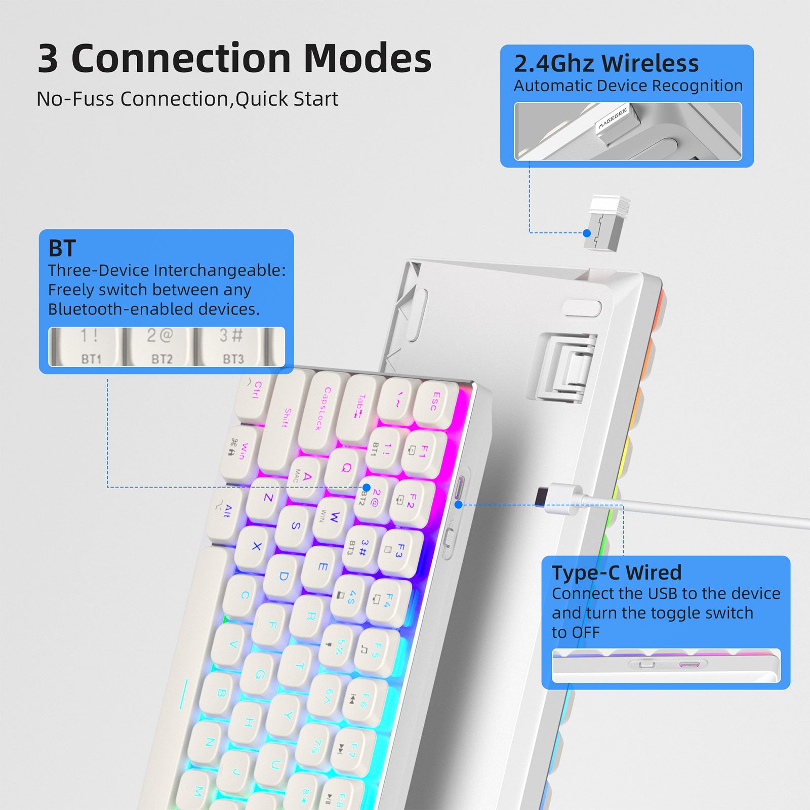 Moon84 White Wireless Mechanical Keyboard (3000mAh)